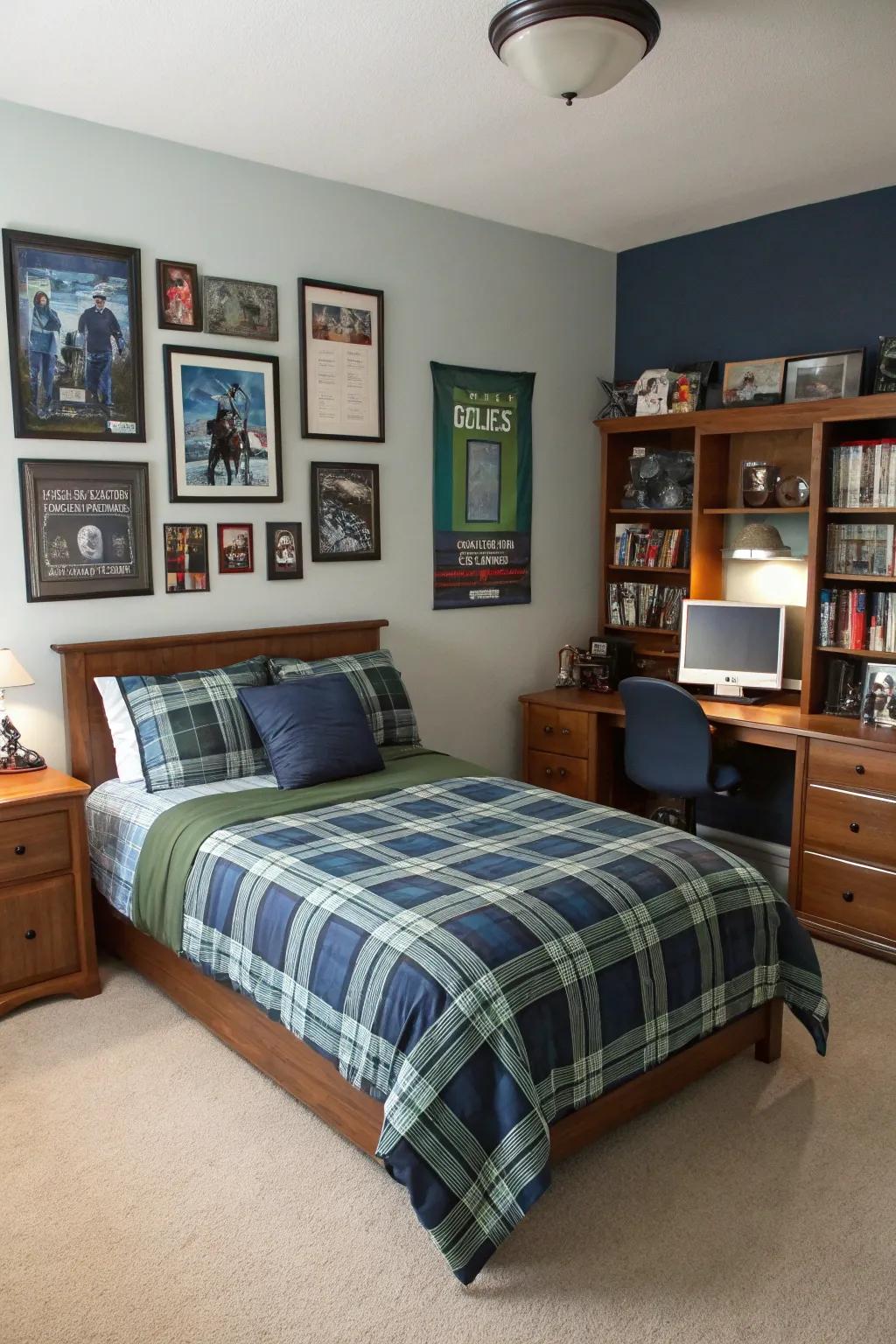 Coordinated plaid bedding creates a unified aesthetic in this teen boy’s room.