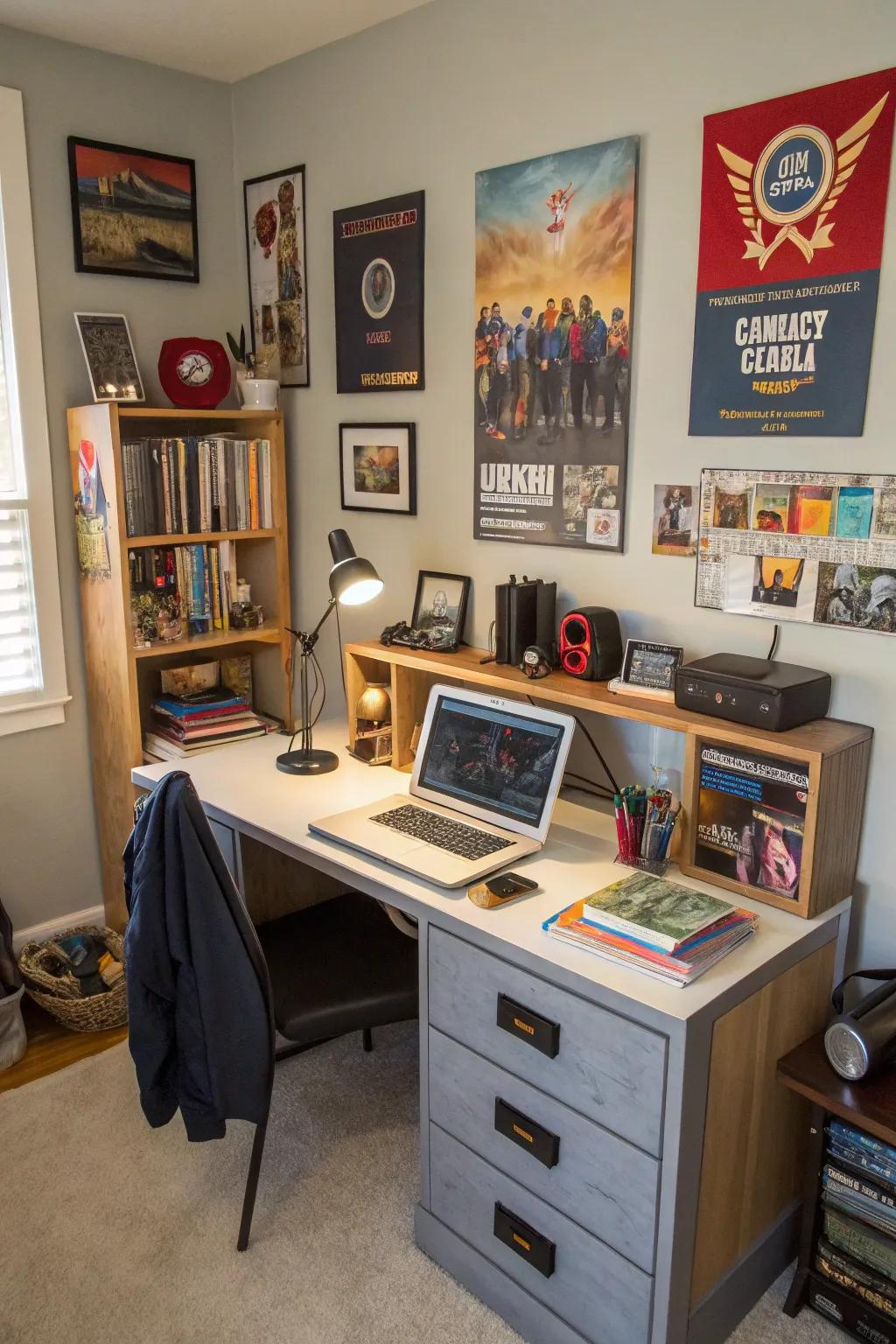 A tech-savvy workstation with built-in charging in a teen boy’s room.