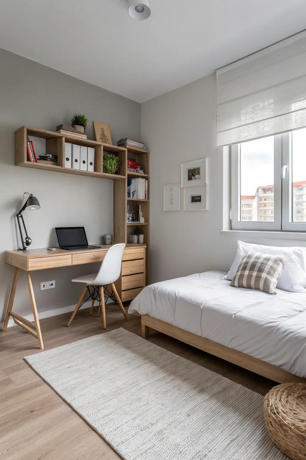 A minimalist teen boy’s room with clean lines and a tranquil atmosphere.