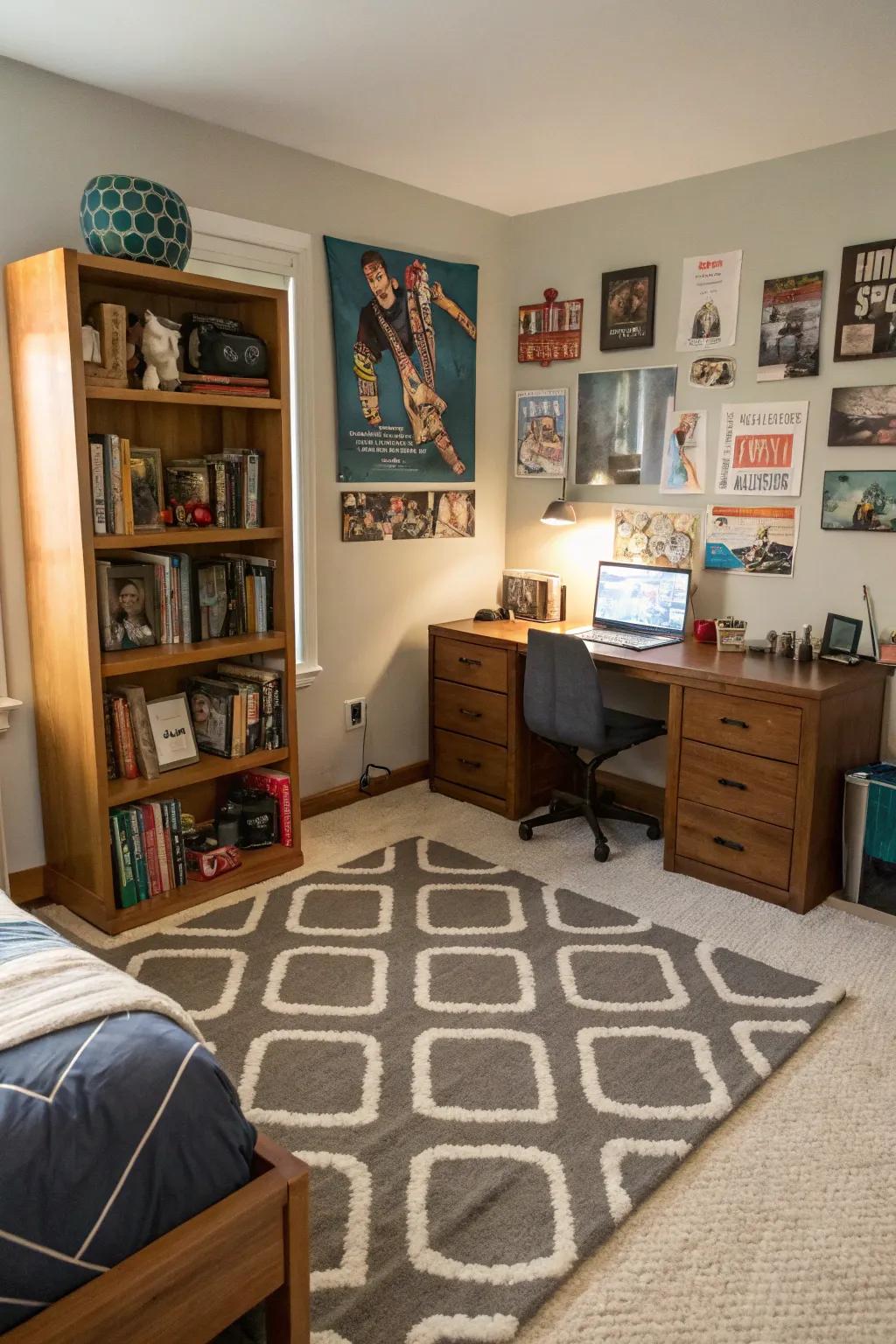 A textured rug adds comfort and style to this teen boy’s bedroom.