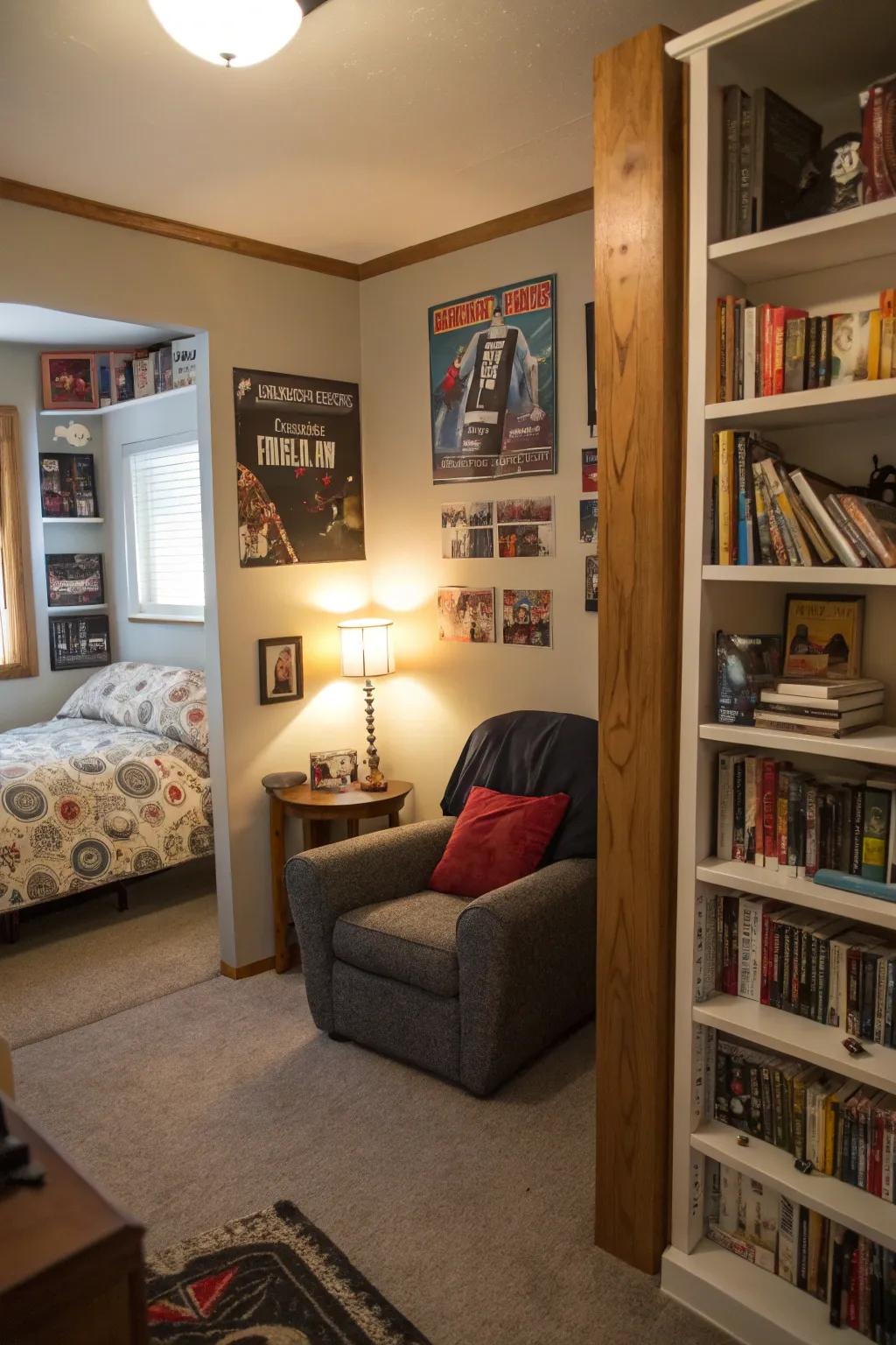 A peaceful reading nook with a comfy chair in a teen boy’s room.
