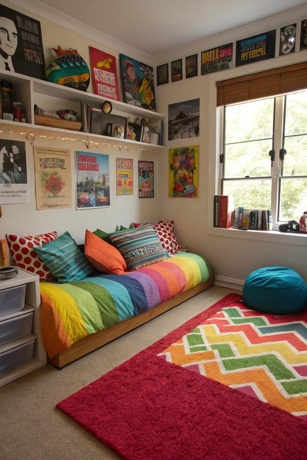 Bright cushions and a colorful rug enliven this teen boy’s bedroom.