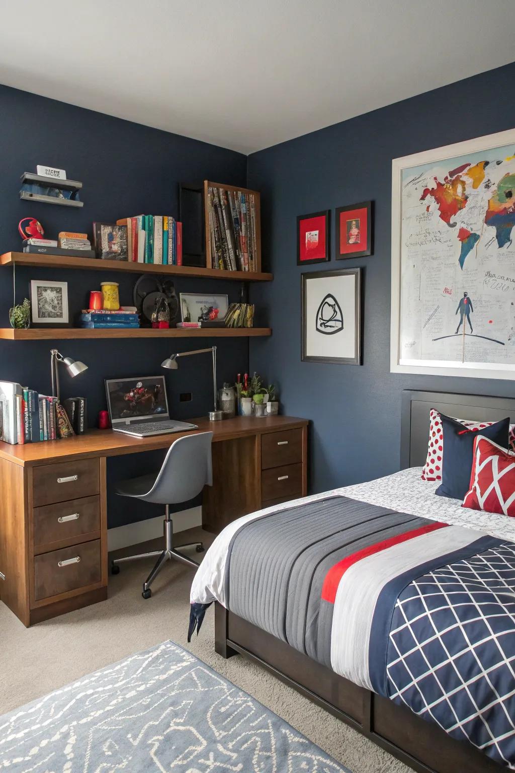 A teen boy’s room with deep navy walls exuding sophistication and personality.