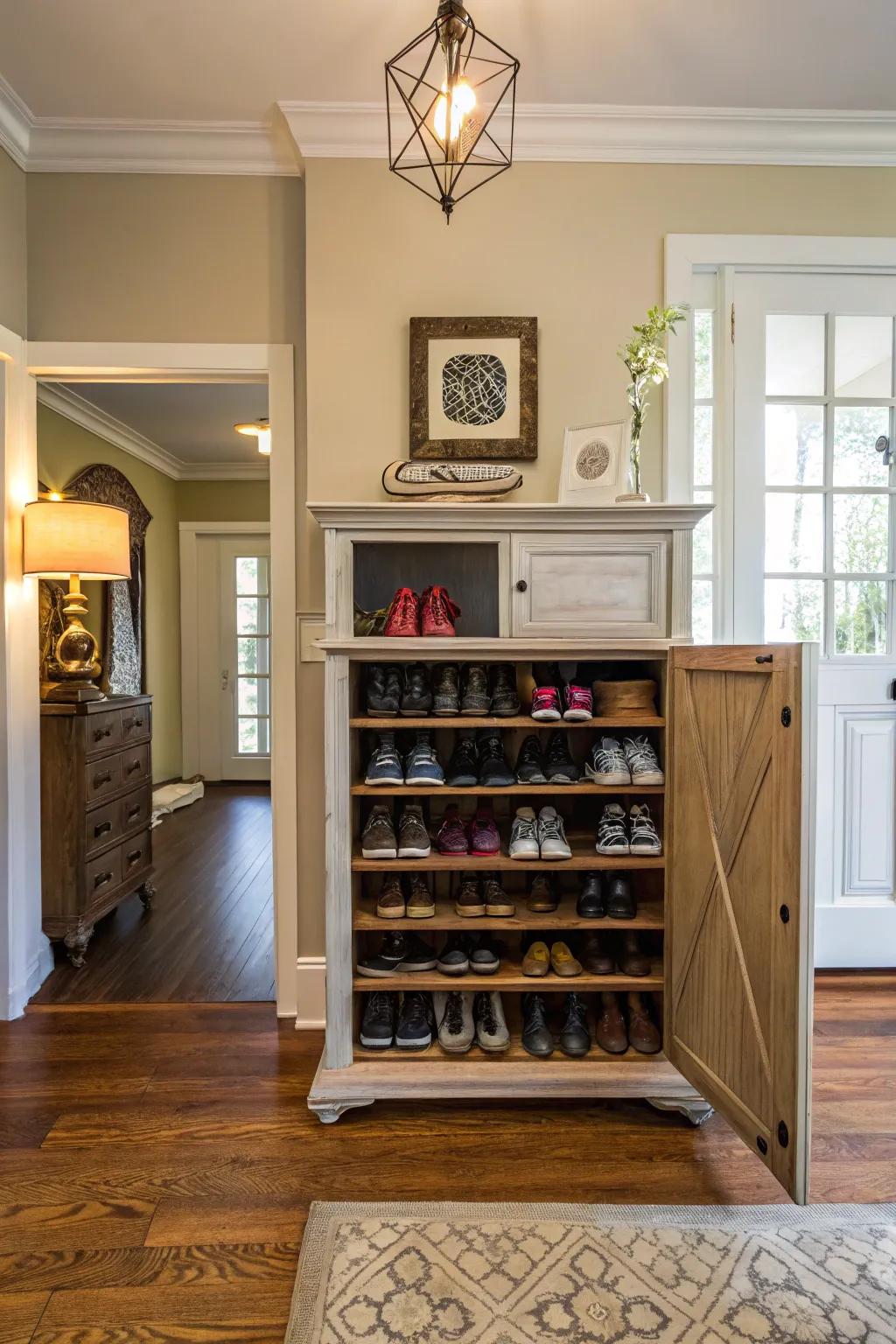 Repurpose vintage furniture into chic shoe storage.