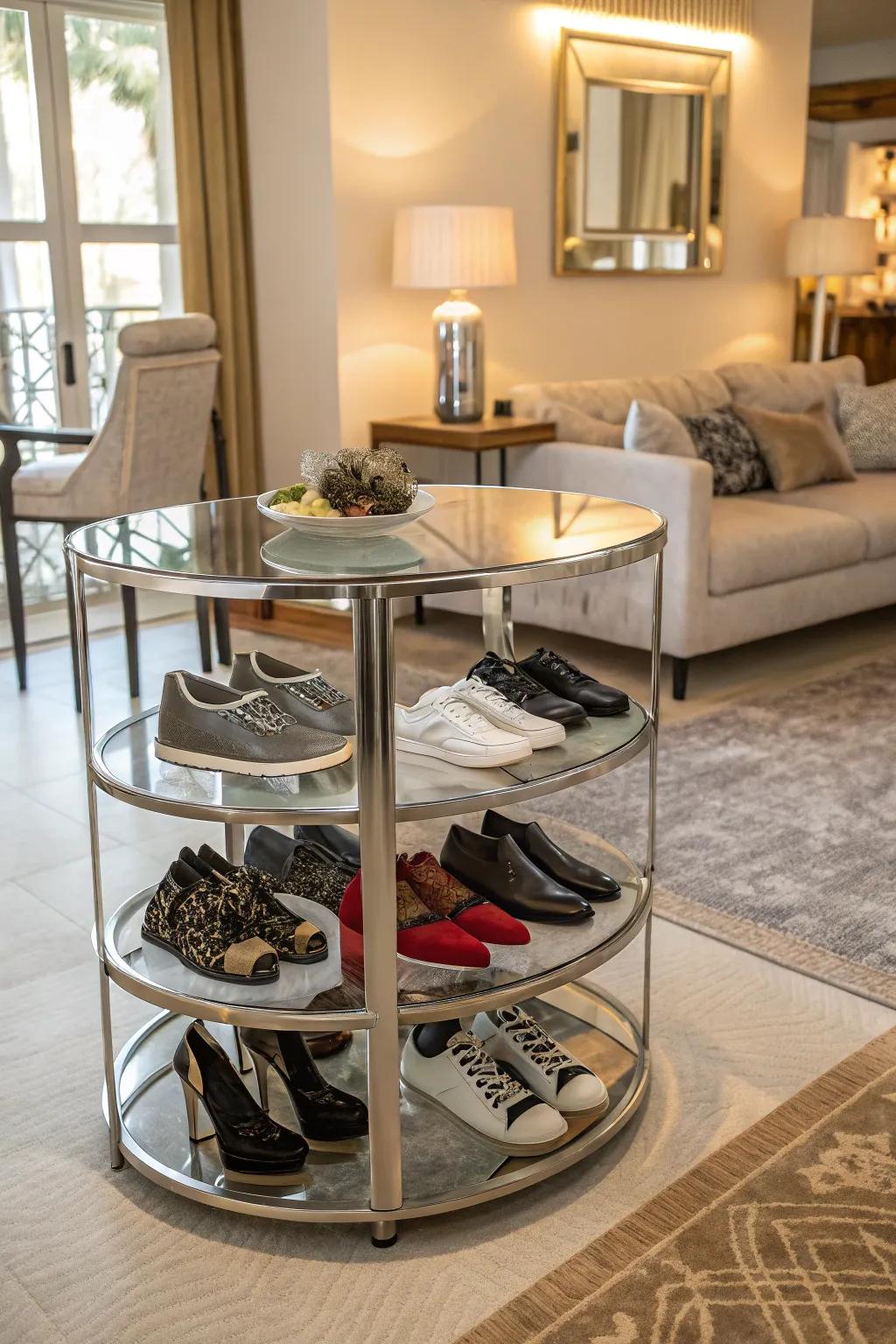 Add a modern geometric touch with rounded shoe racks.