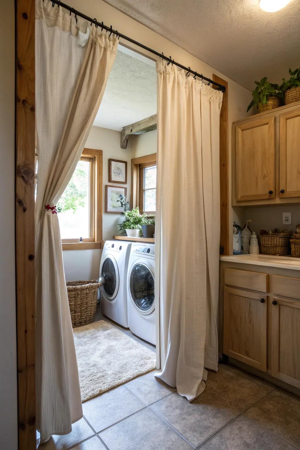 Textile panels provide a gentle contrast to traditional cabinet doors.