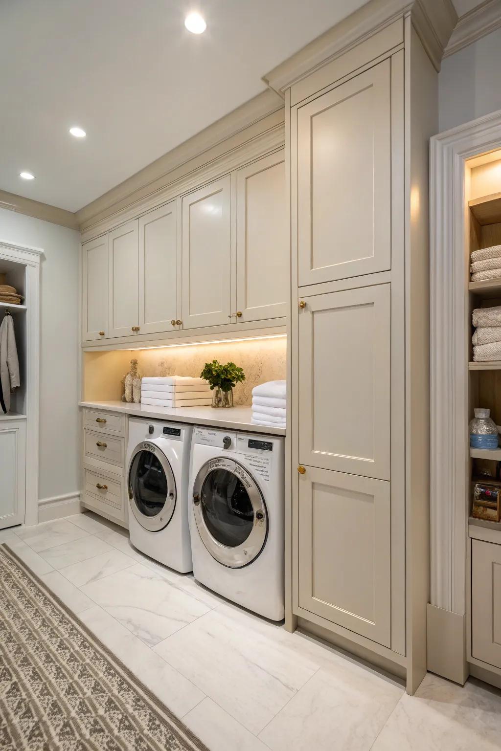 Concealing laundry machines behind matching panels creates a streamlined, sophisticated feel.