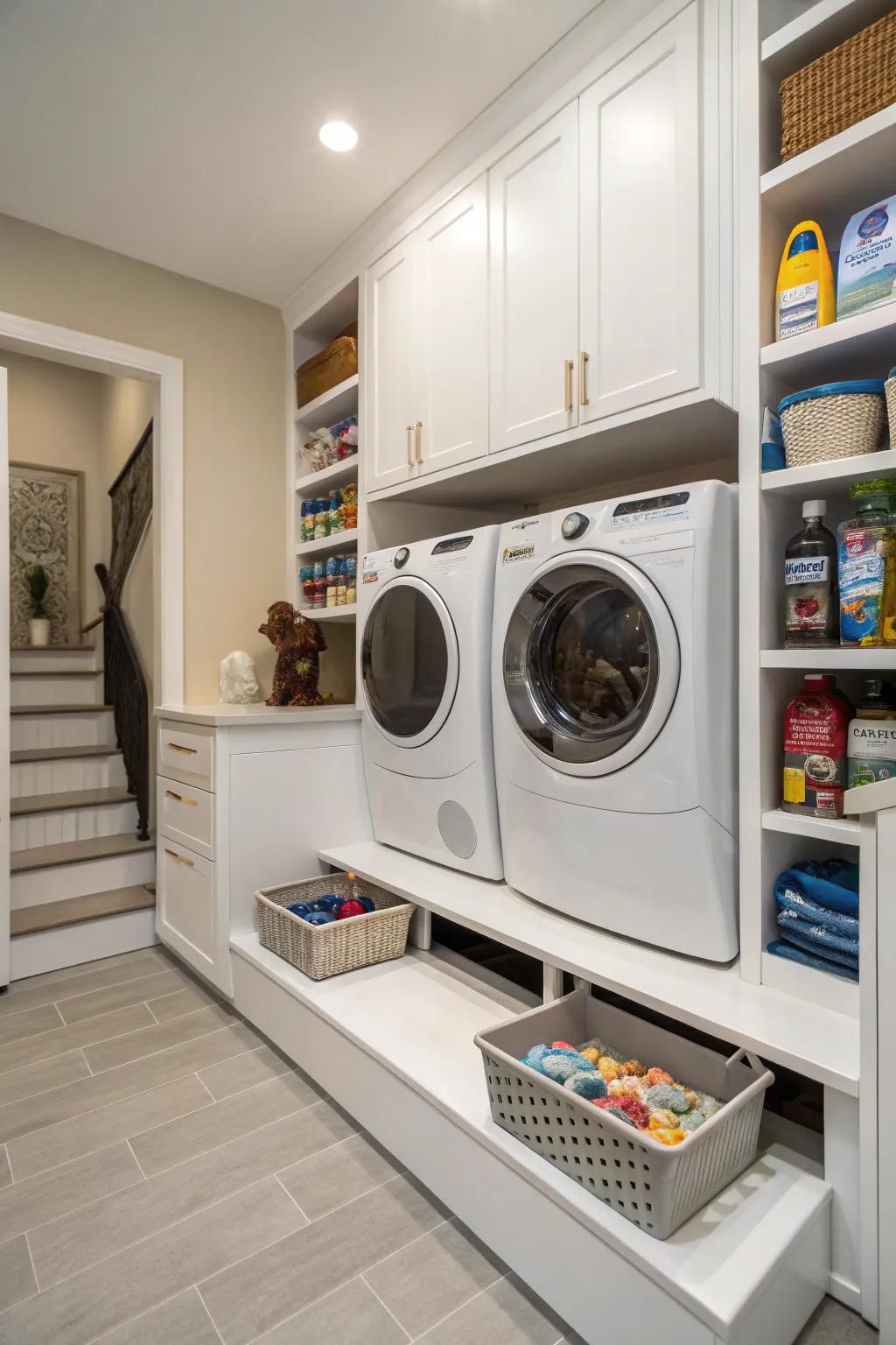 Elevating appliances enhances convenience and adds storage.