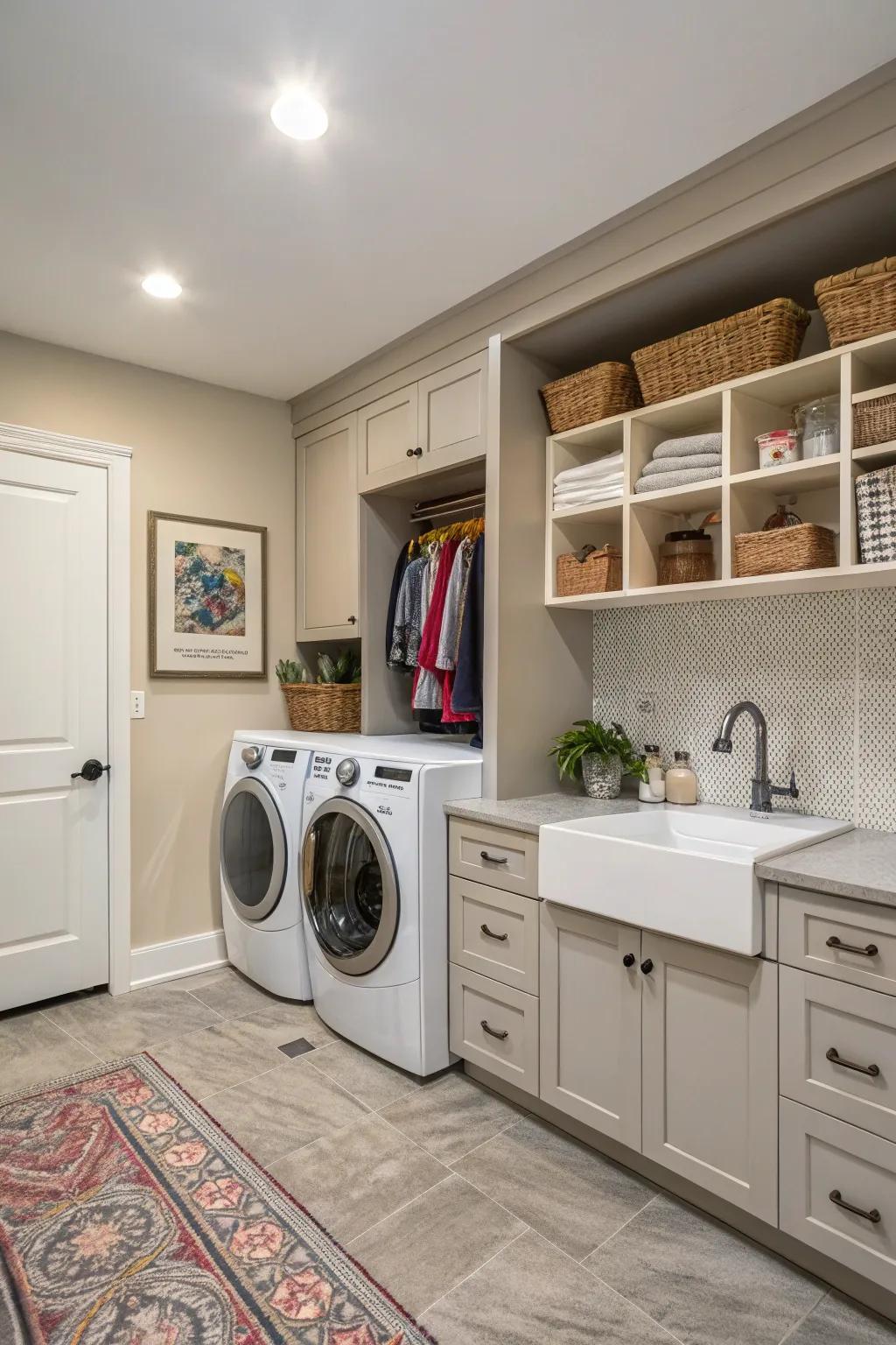 Combine functionality by integrating laundry and entryway features.