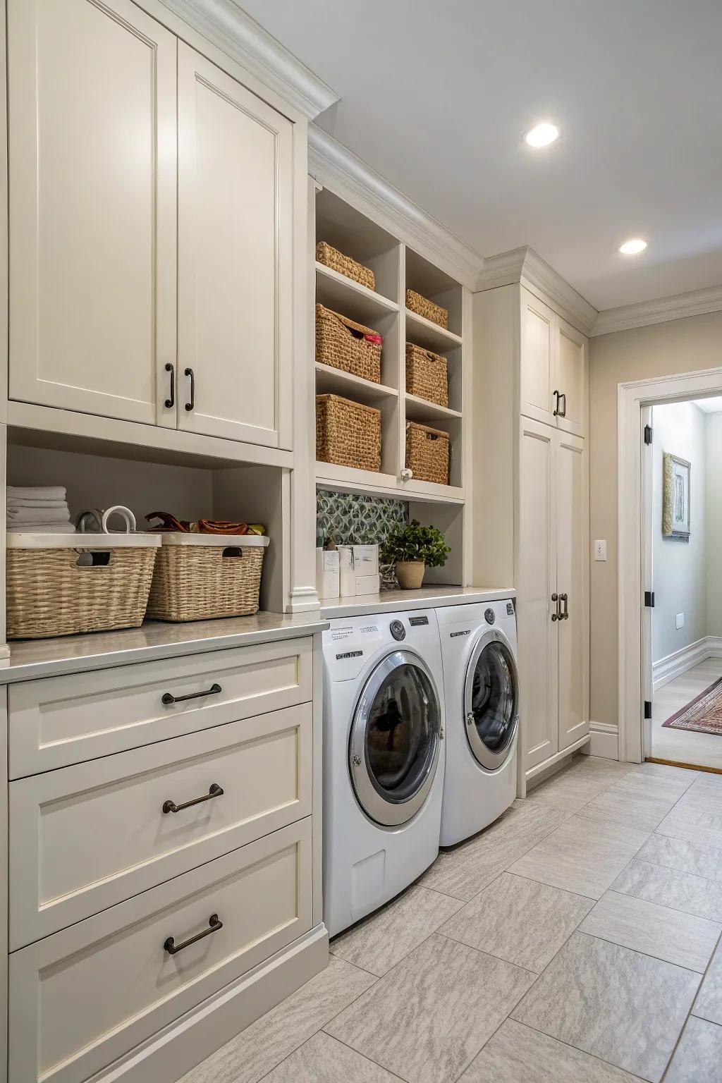 Cabinets spanning the entire wall ensure maximum utility in your laundry space.