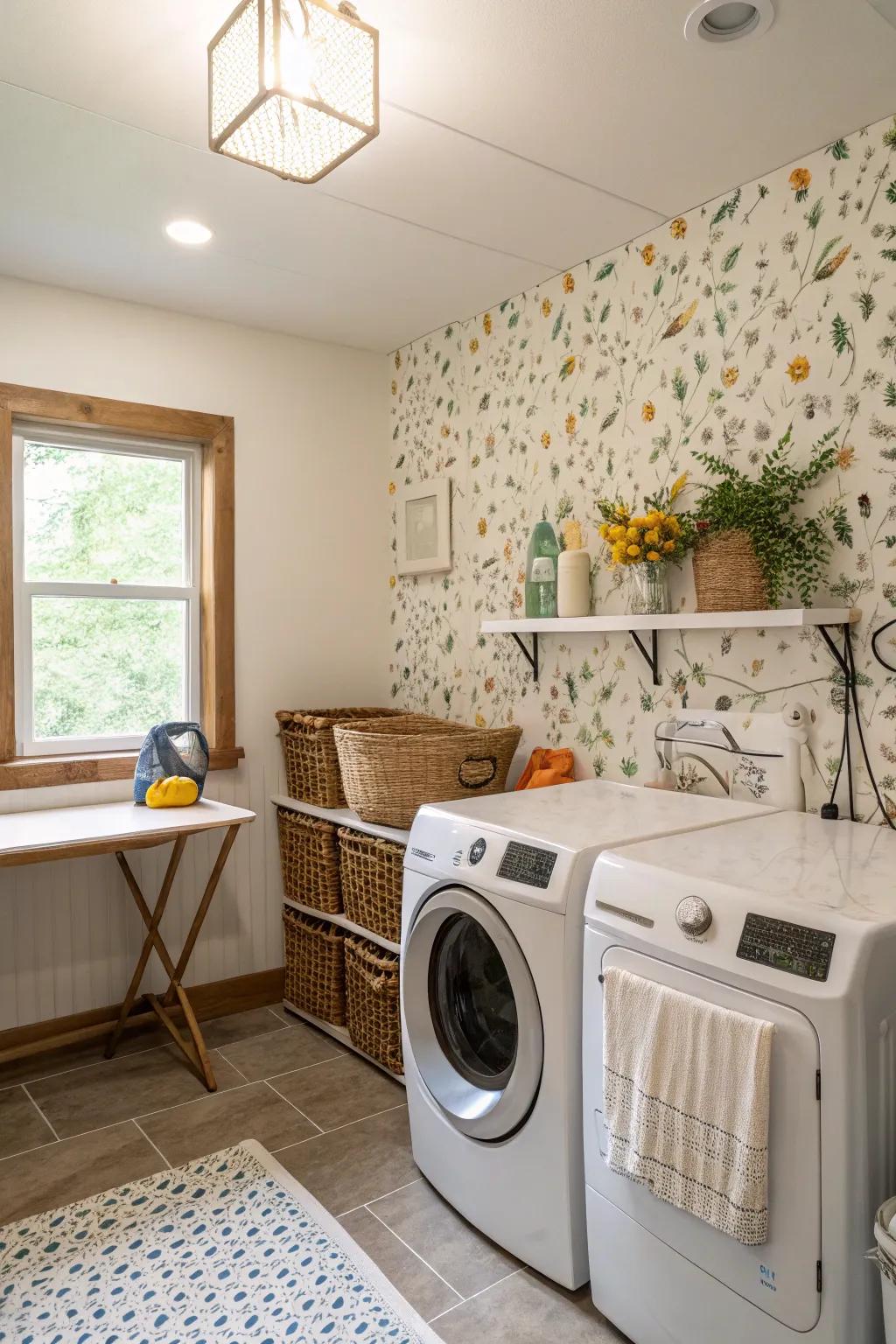 Create a stunning contrast in your laundry area with patterned wall coverings.