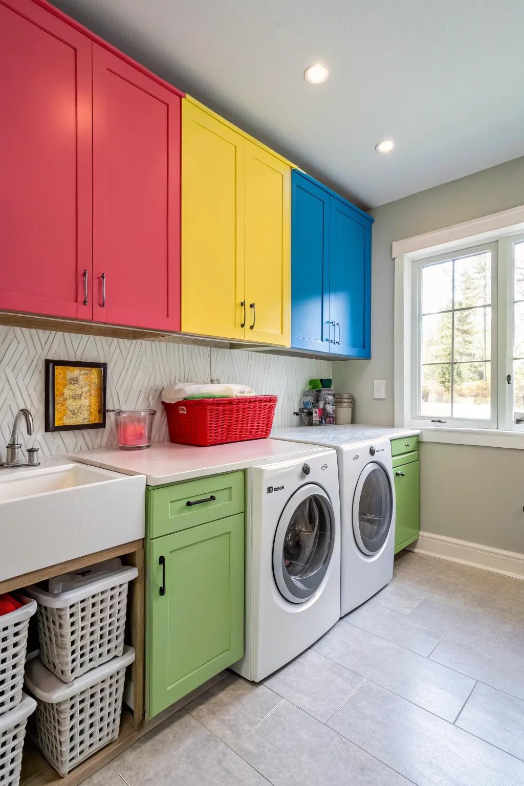 Inject liveliness into your laundry room with striking cabinet hues.