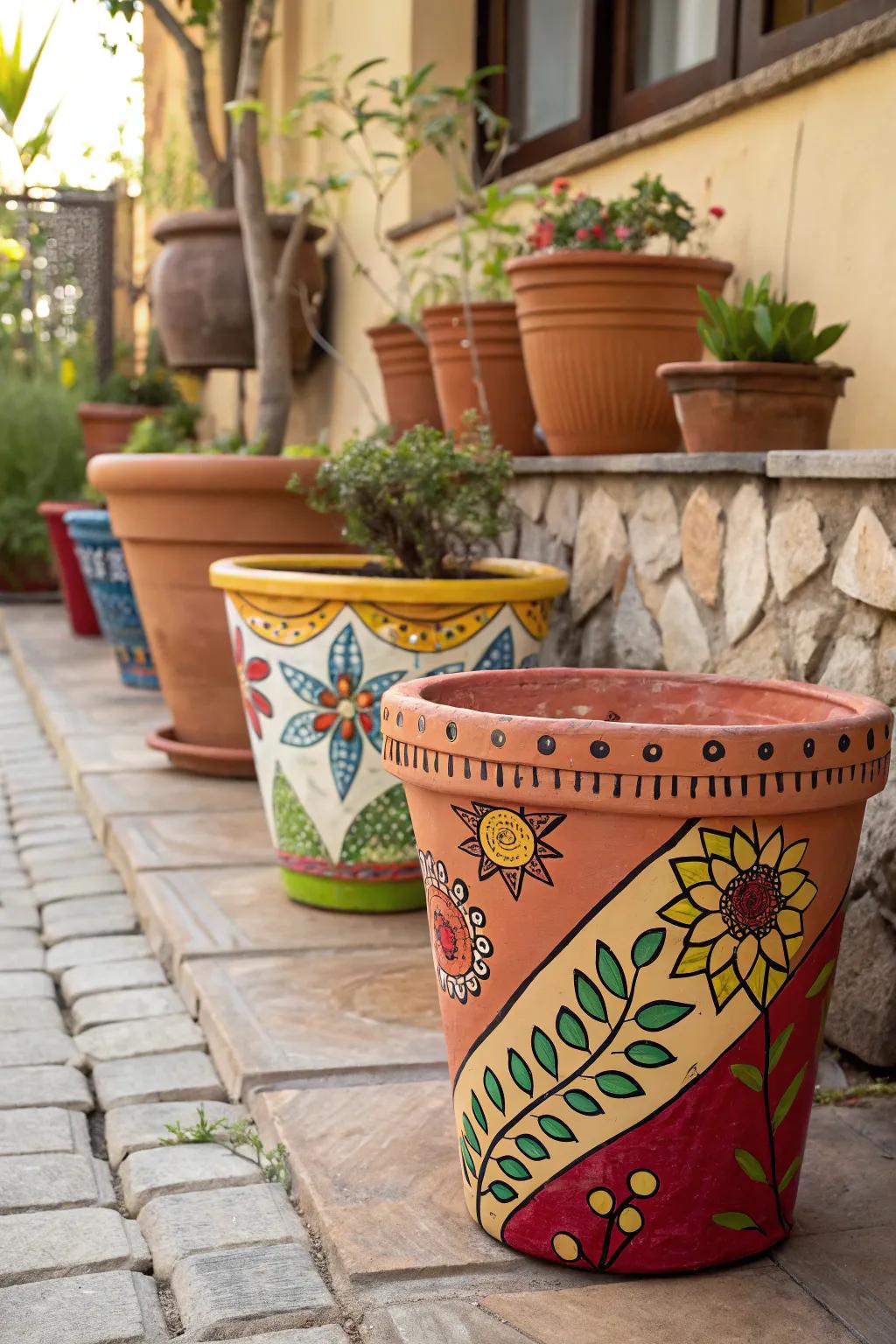 Vibrantly painted earthenware vessels add appeal to a patio.