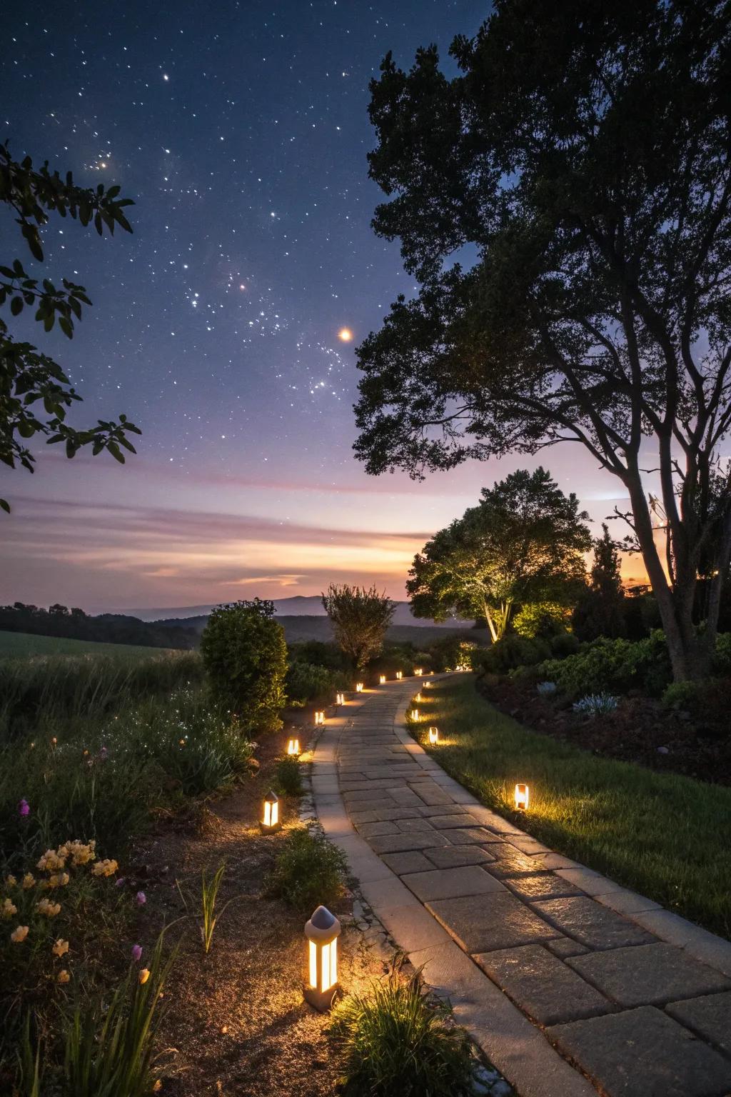 Sun power lights cast a glow over a garden path.