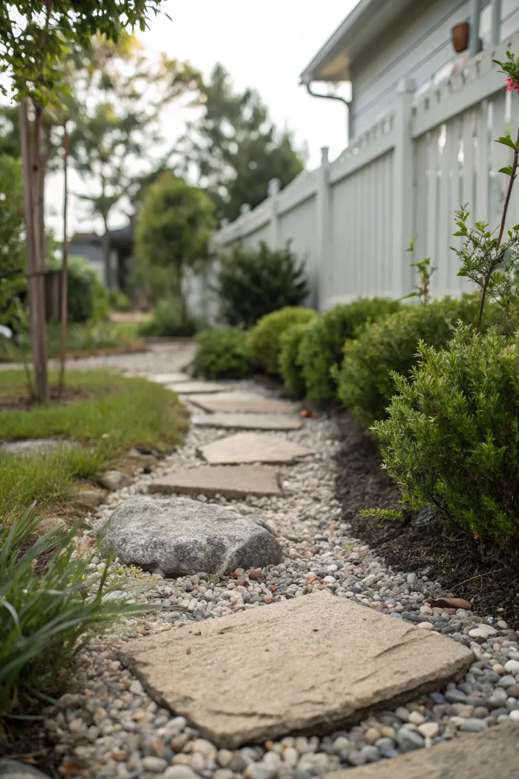 Stepping stones surrounded by gravel form a tidy, easy-care path.