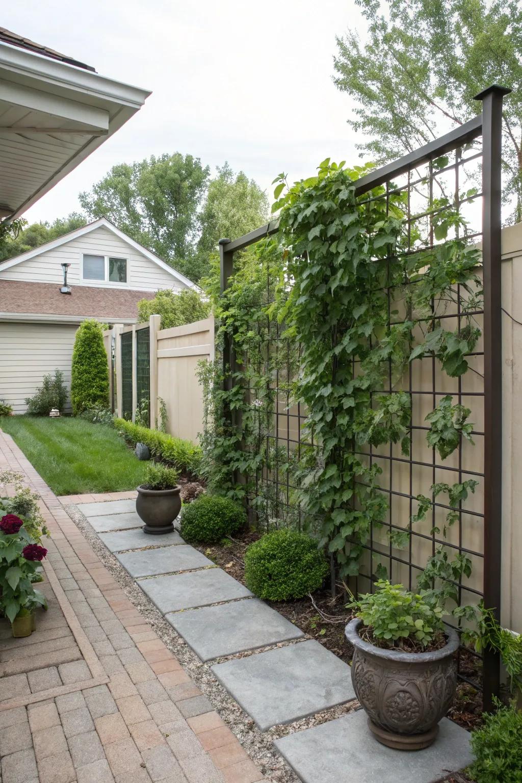 Privacy screens offer seclusion and support climbing plants.