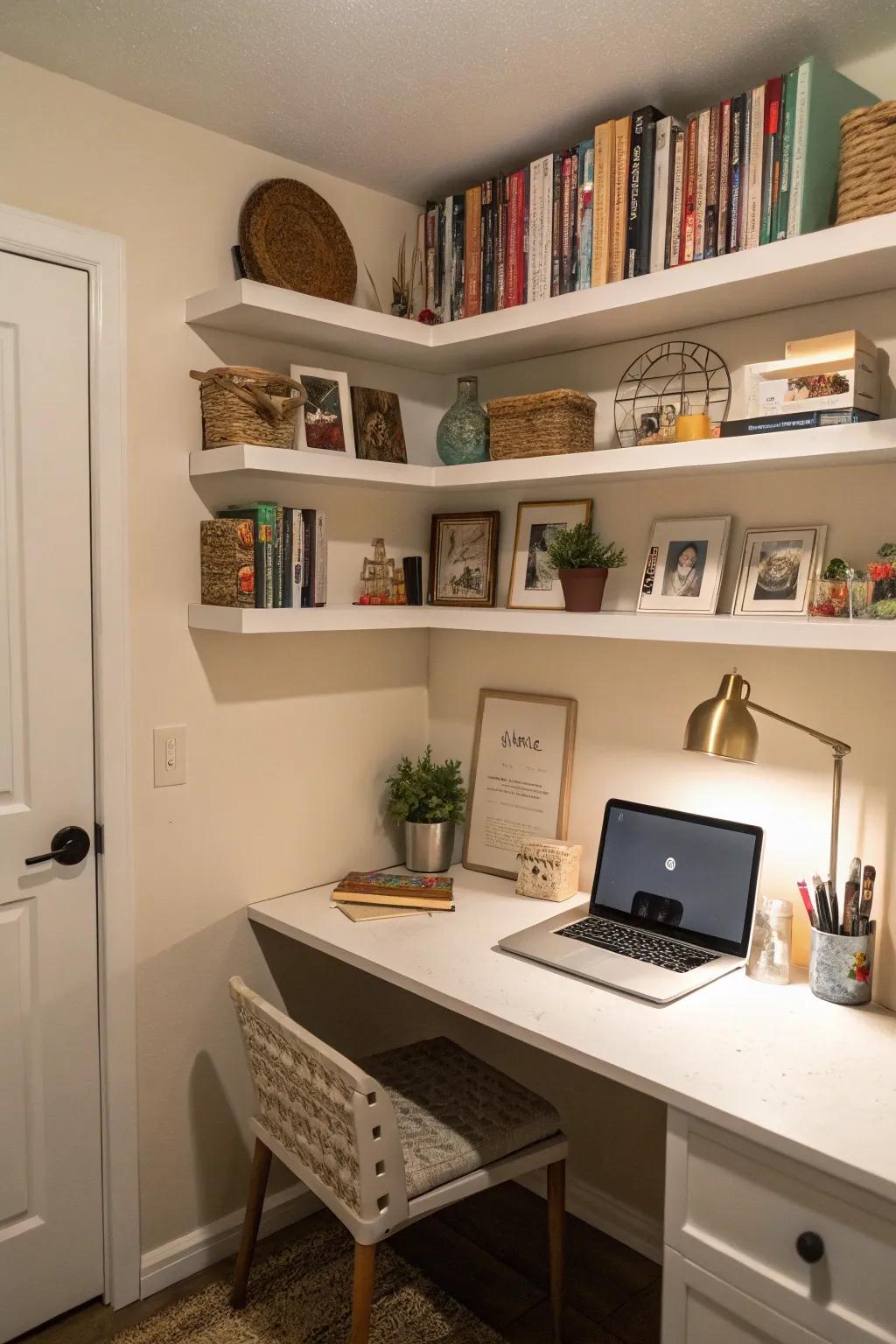 Floating shelves provide stylish storage without sacrificing floor space.