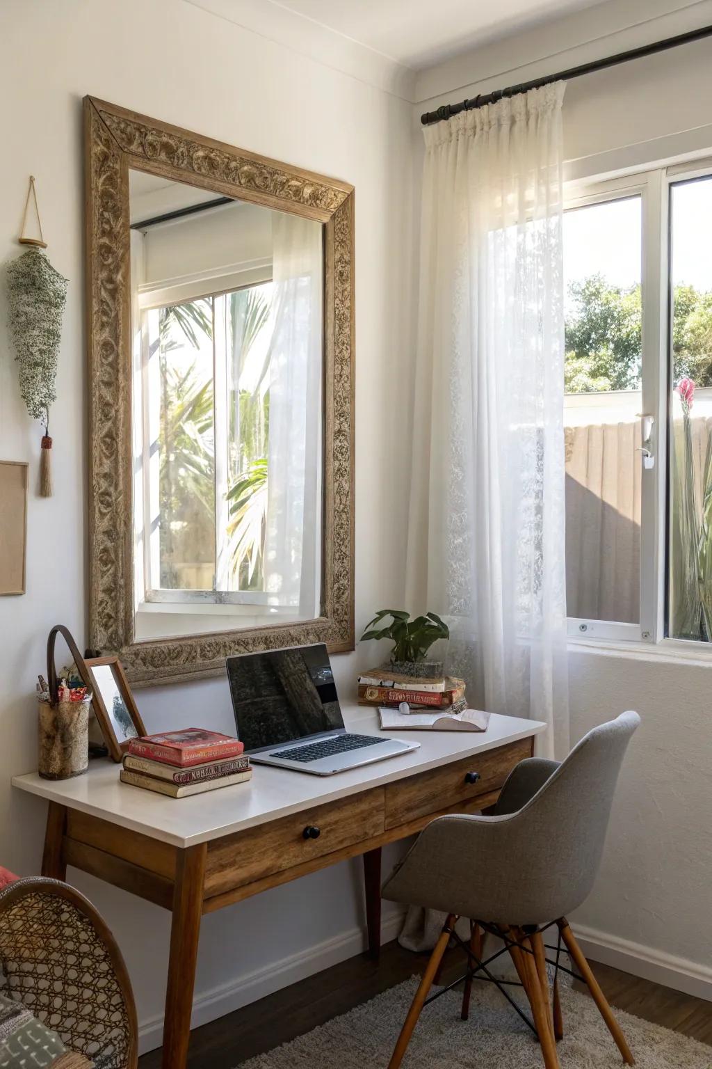 Mirrors and lighting amplify space and brightness in small offices.