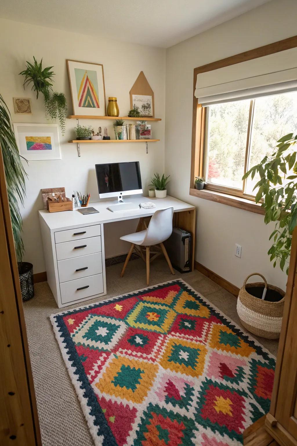 Using rugs and color blocks to create distinct office zones.