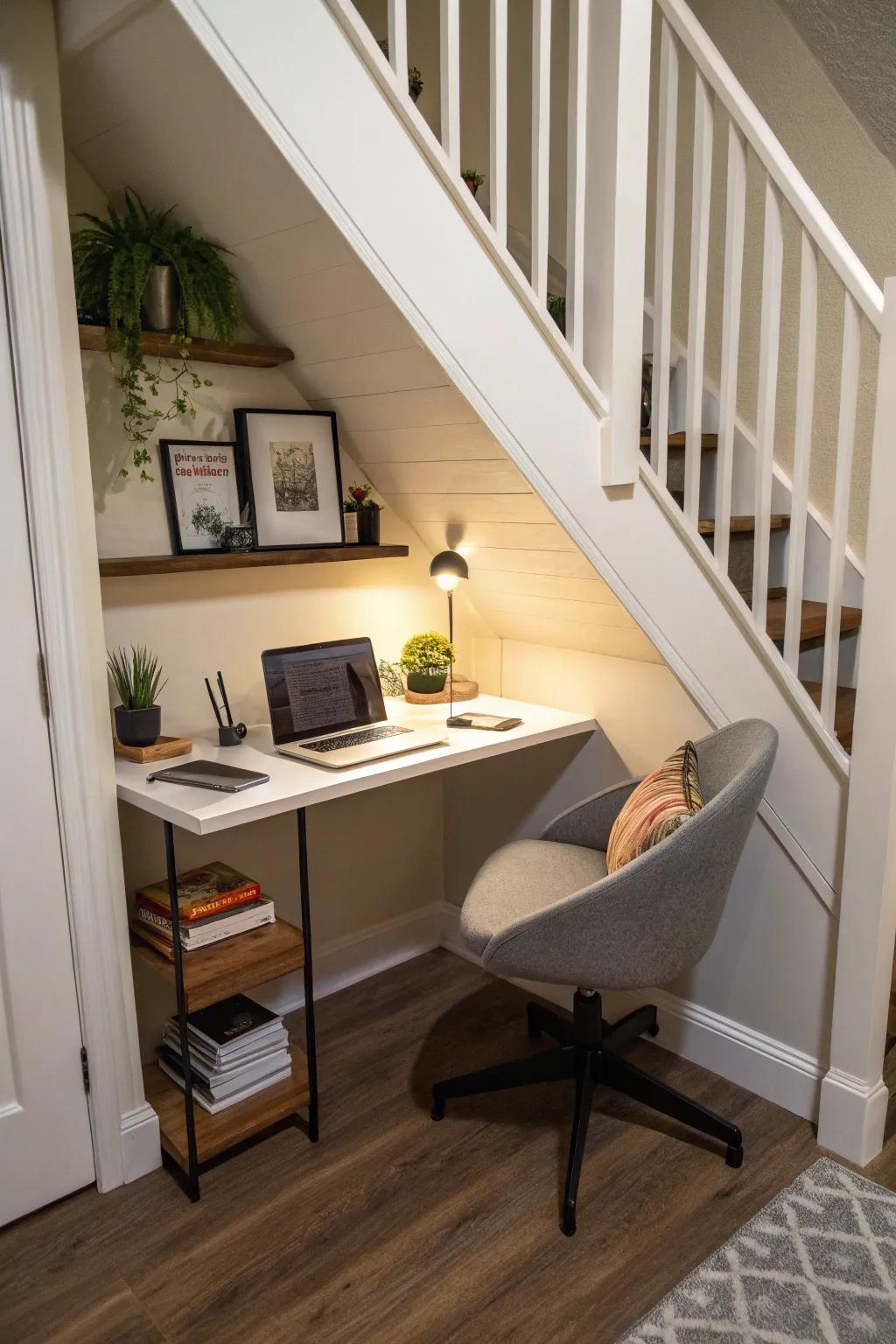 Under-stair areas transformed into cozy, functional offices.