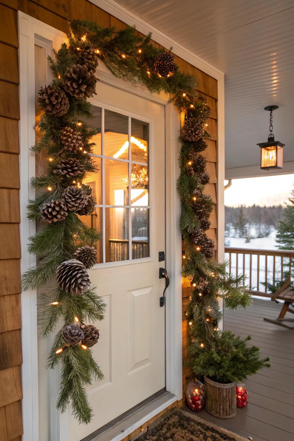 Natural pinecone garland with decorative accents.