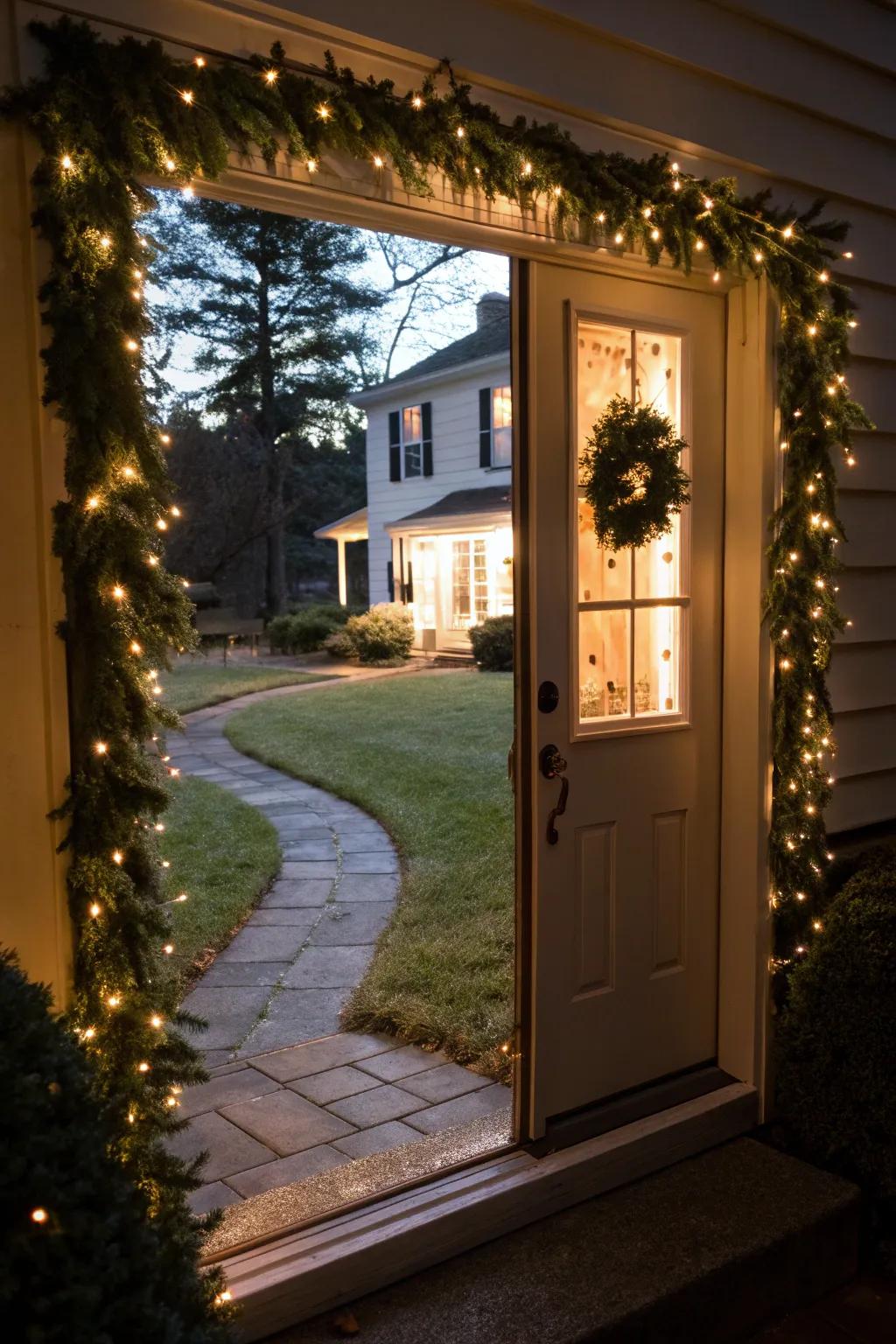 Doorway outlined with glowing string lights.