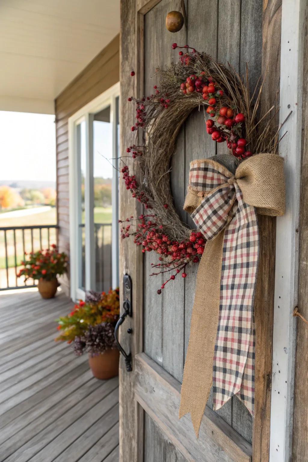 Warm farmhouse style with rustic fabric and natural accents.