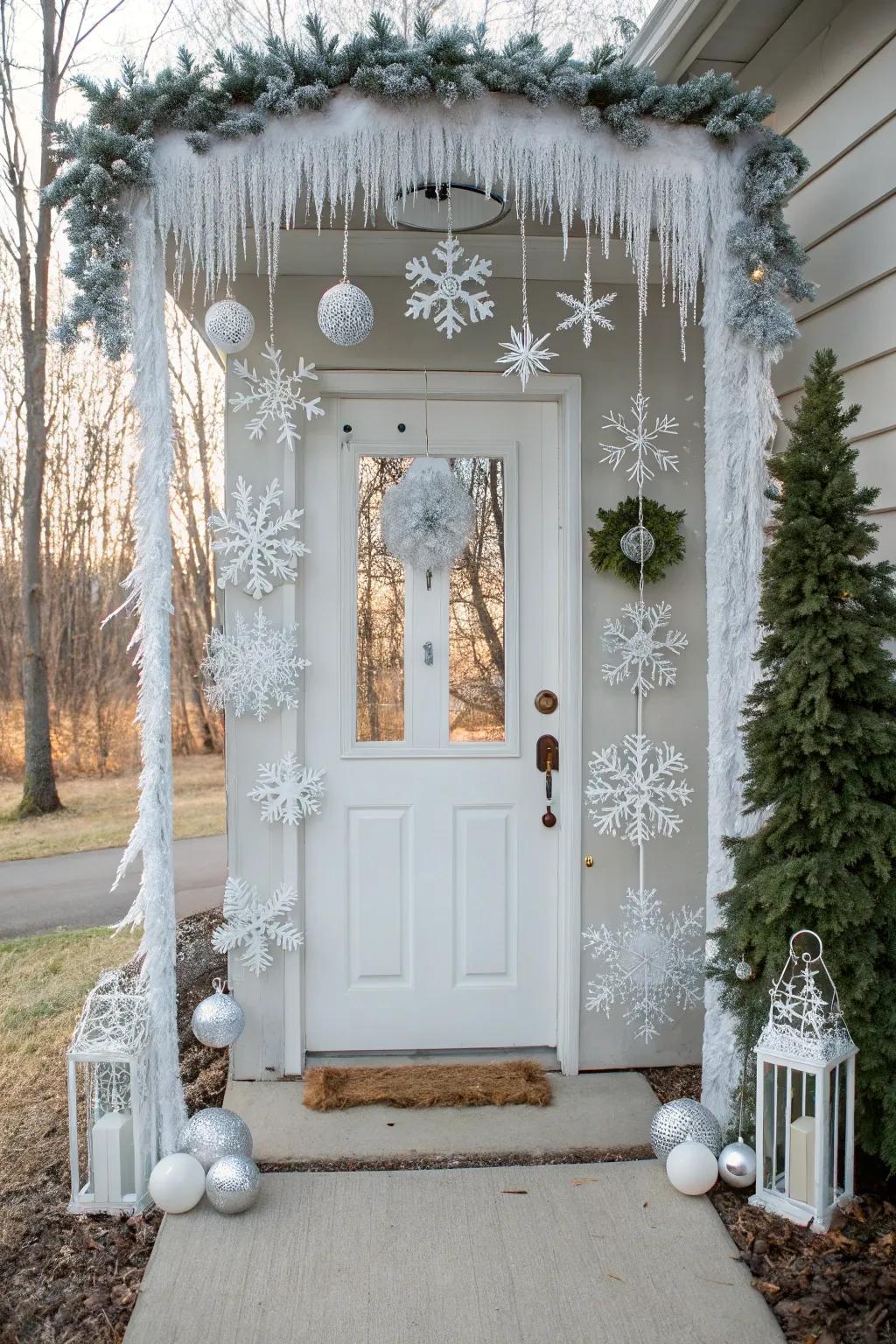 Enchanting snowy winter theme at the doorway.