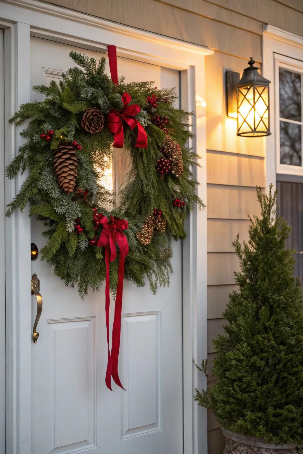 Elegant traditional evergreen garland with red accents.