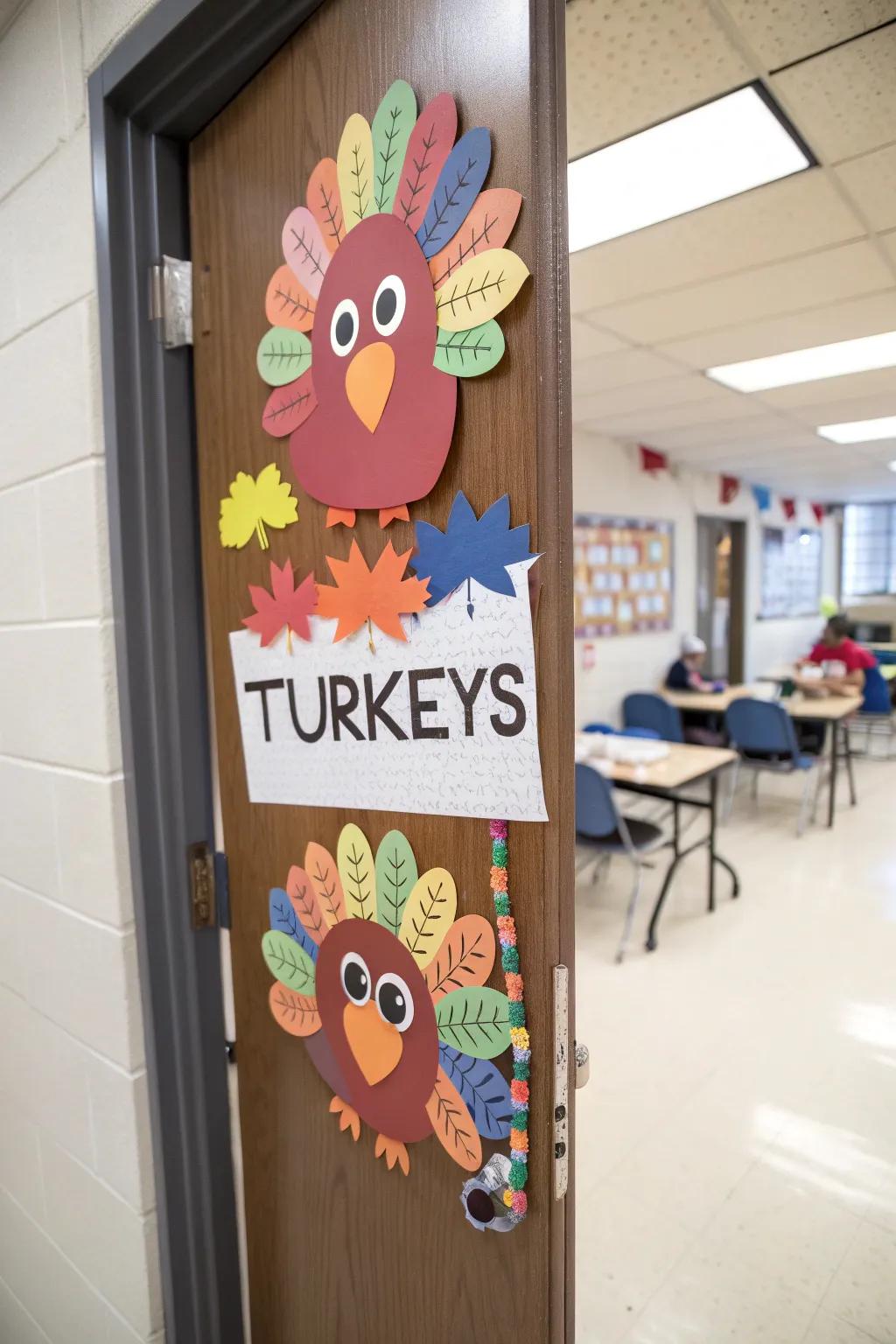 Paper turkeys with student faces bring joy to the classroom door.