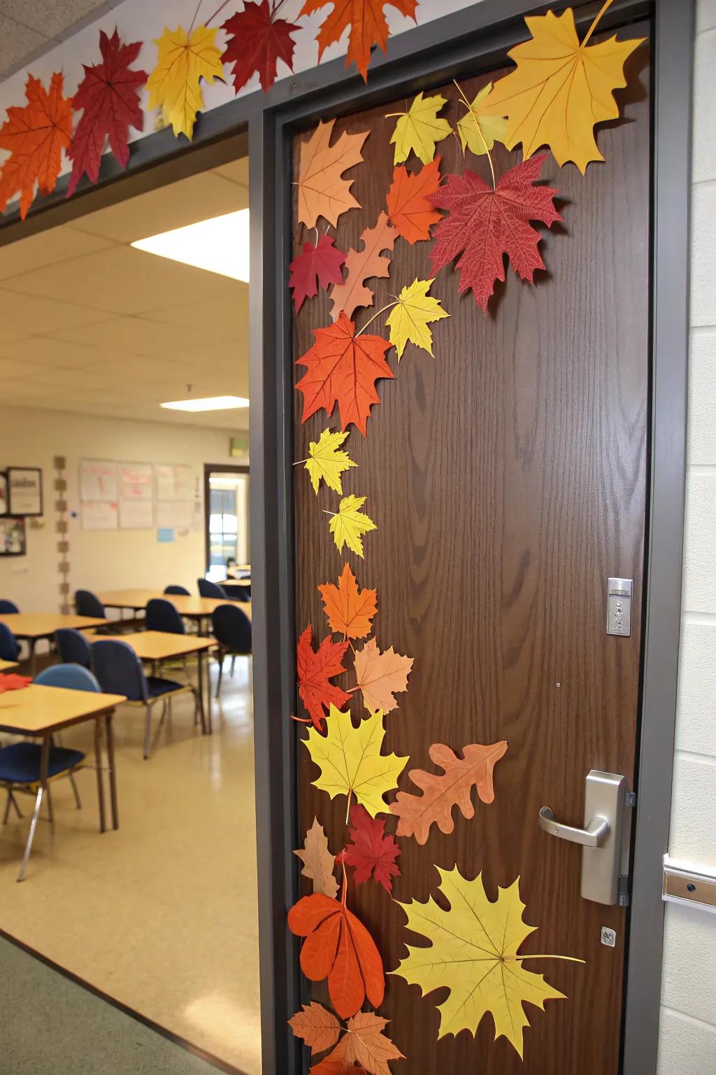A colorful arrangement of fall leaves brightens the classroom entrance.