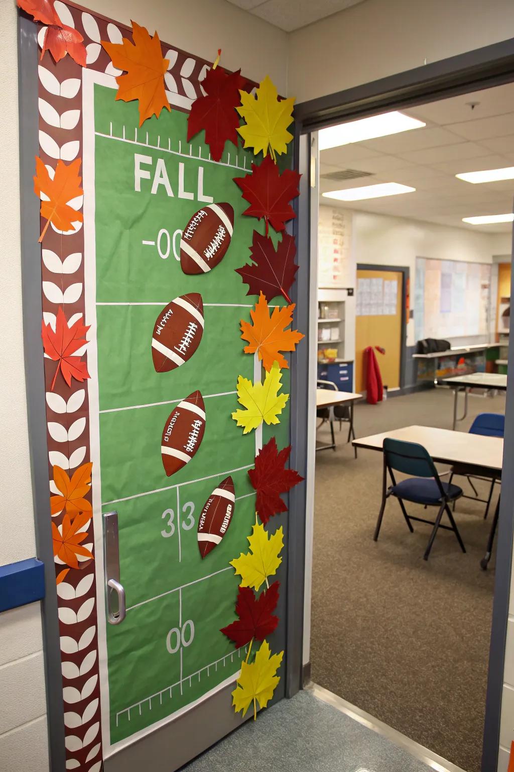 Football-themed decorations energize the classroom entrance.