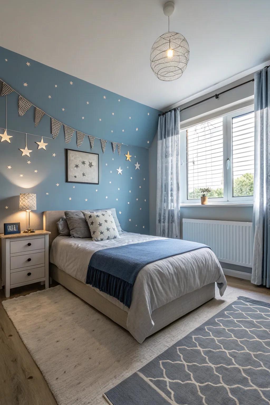 Soft color schemes set a peaceful tone in a boy’s bedroom.