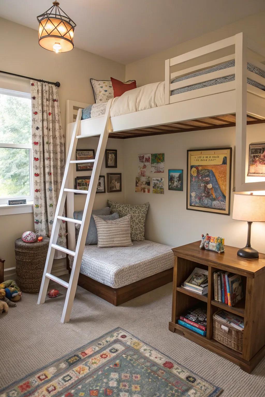 Loft and bunk beds save space while adding a playful touch.