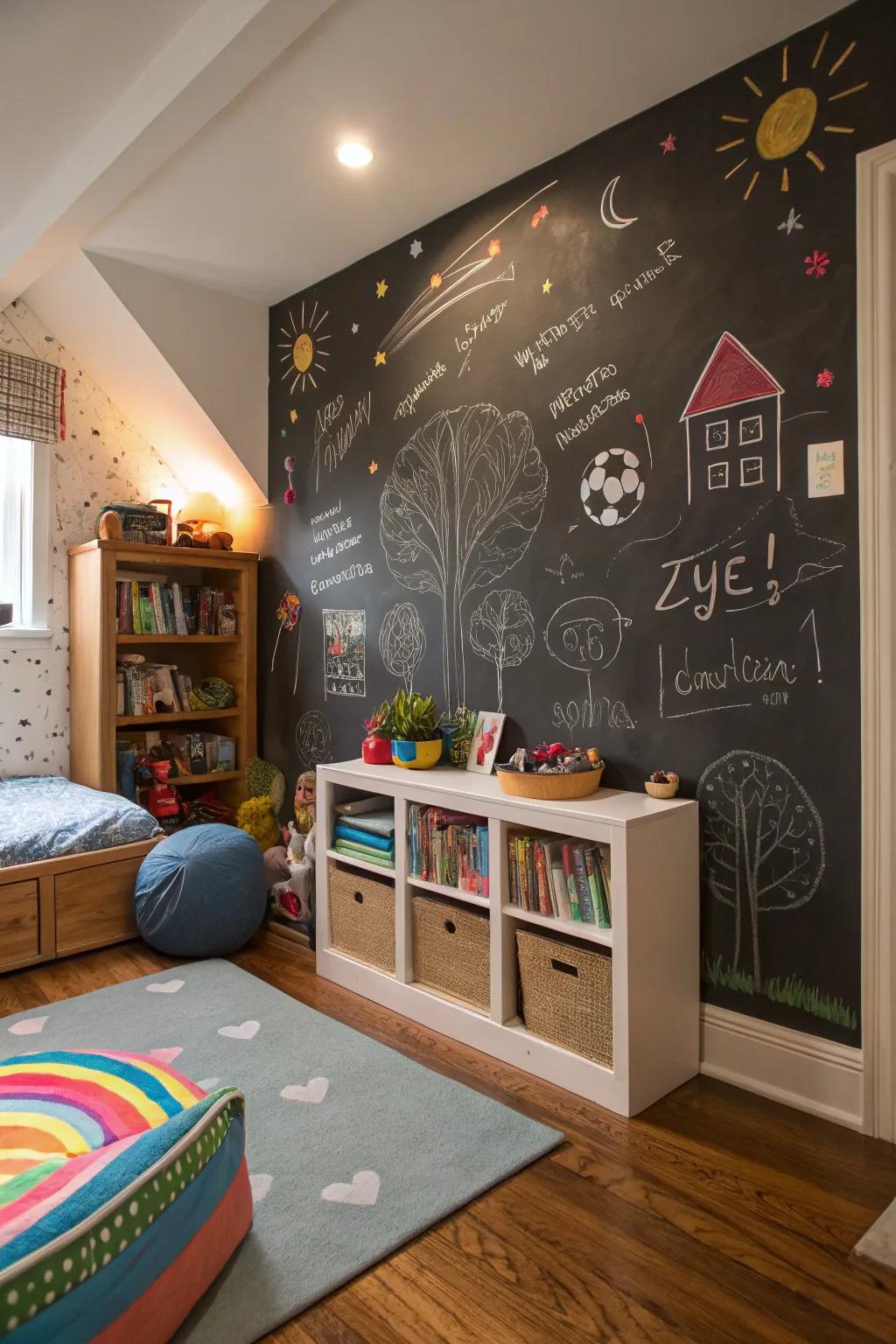 A chalkboard wall inspires imagination and learning.