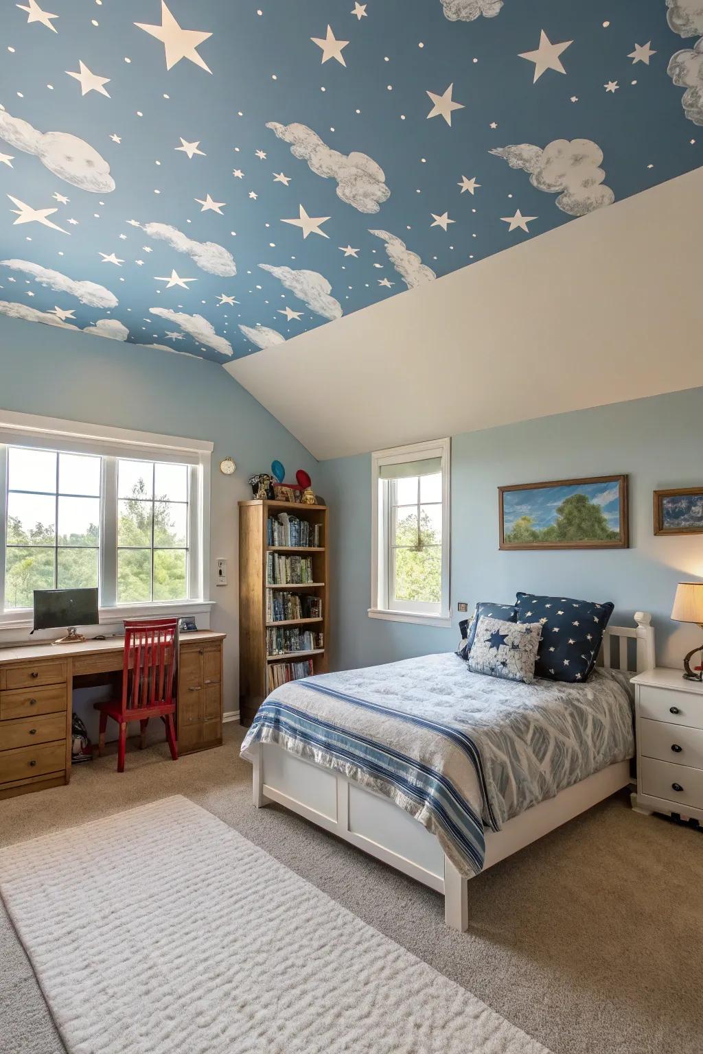 A feature ceiling adds depth and personality to a boy’s room.