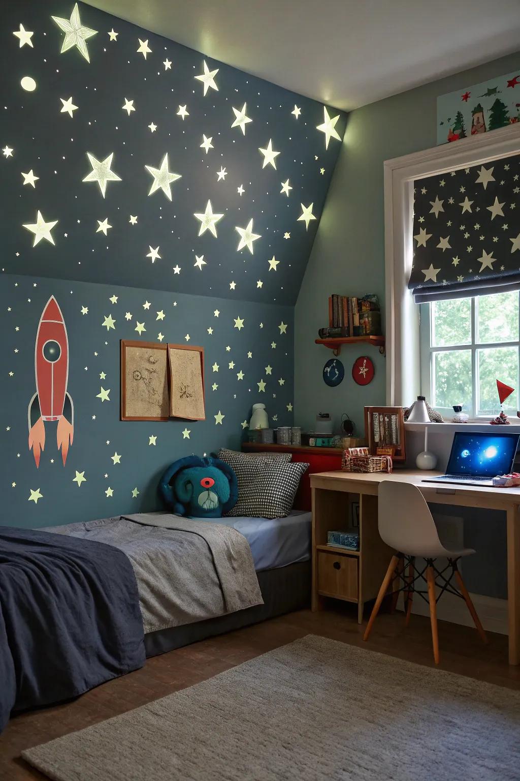 Themed walls add excitement and personality to a boy’s room.