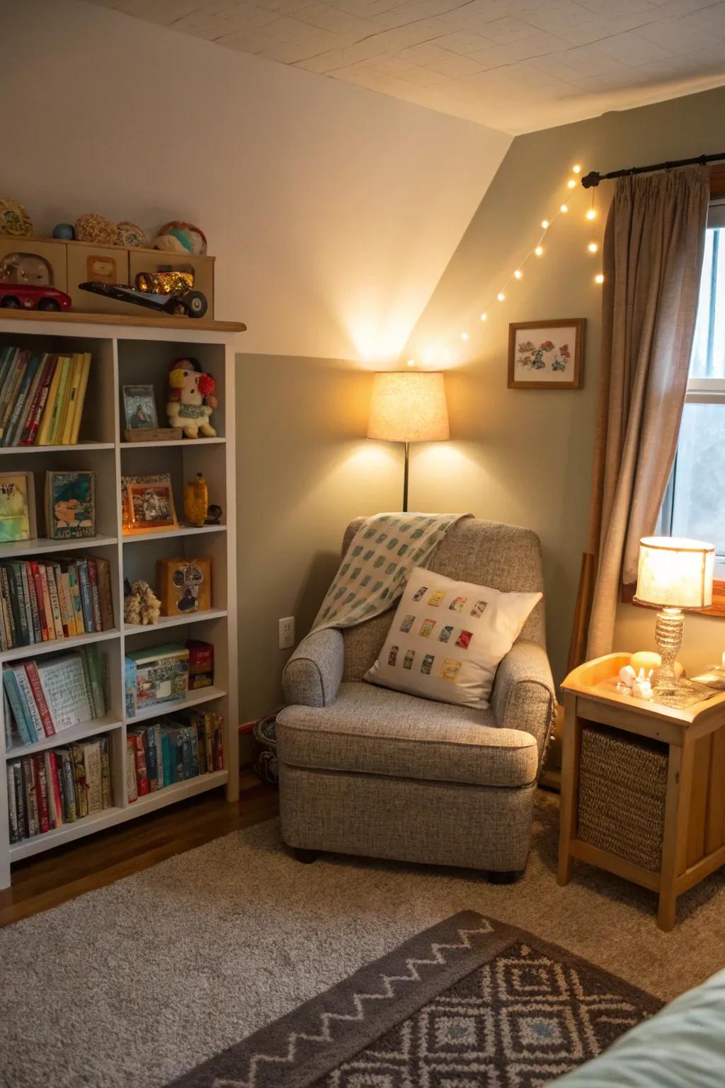 A snug reading nook encourages a love for books and quiet time.