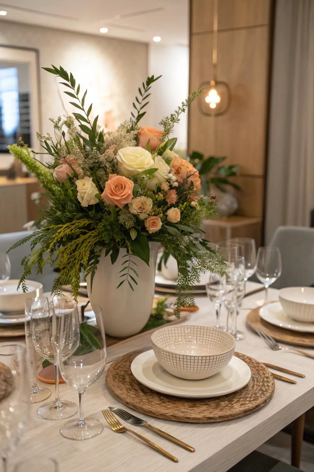 An asymmetrical centerpiece adds a modern flair to the dining table.