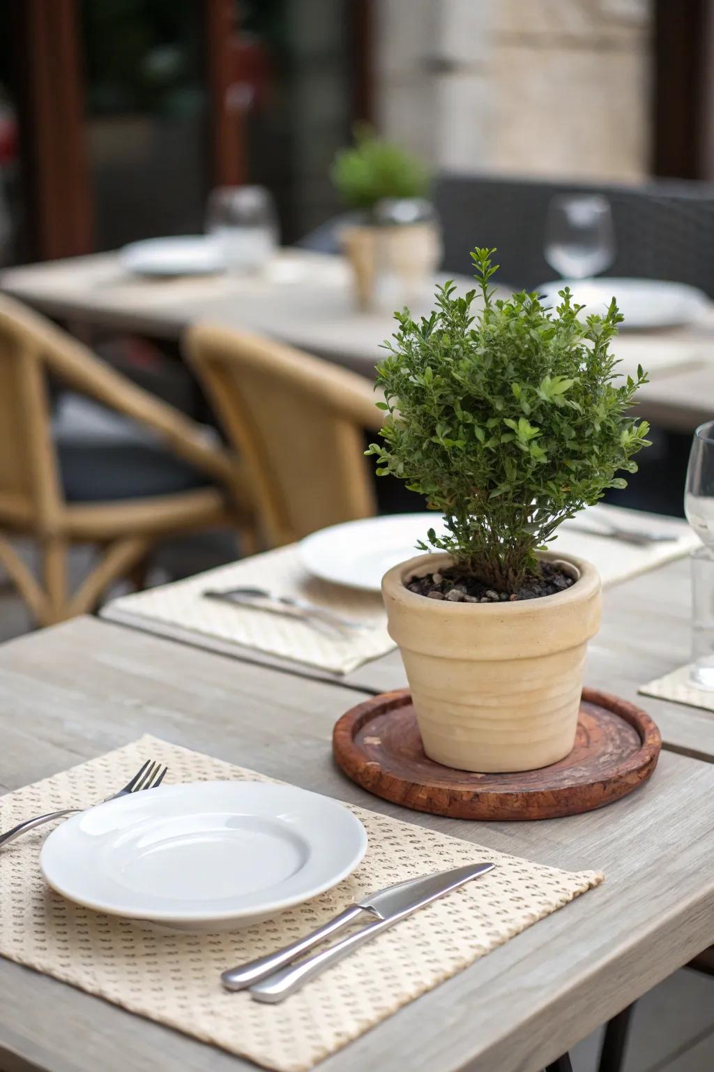 A live plant adds freshness and energy to the dining table.