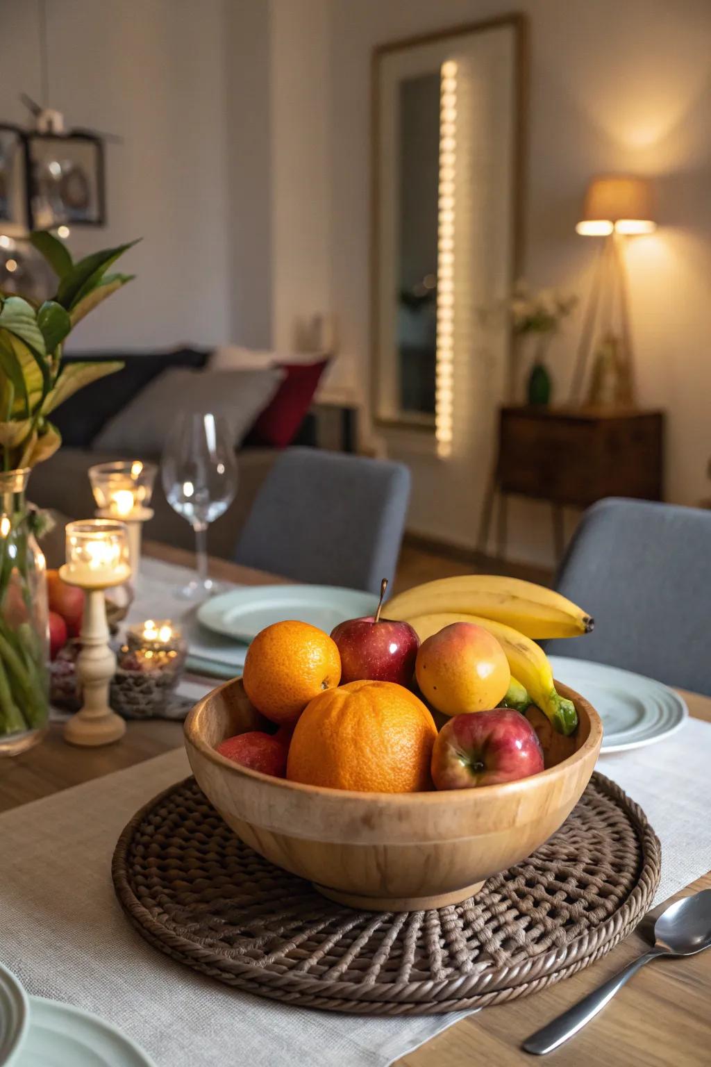 A bowl of fresh fruit acts as a functional centerpiece.