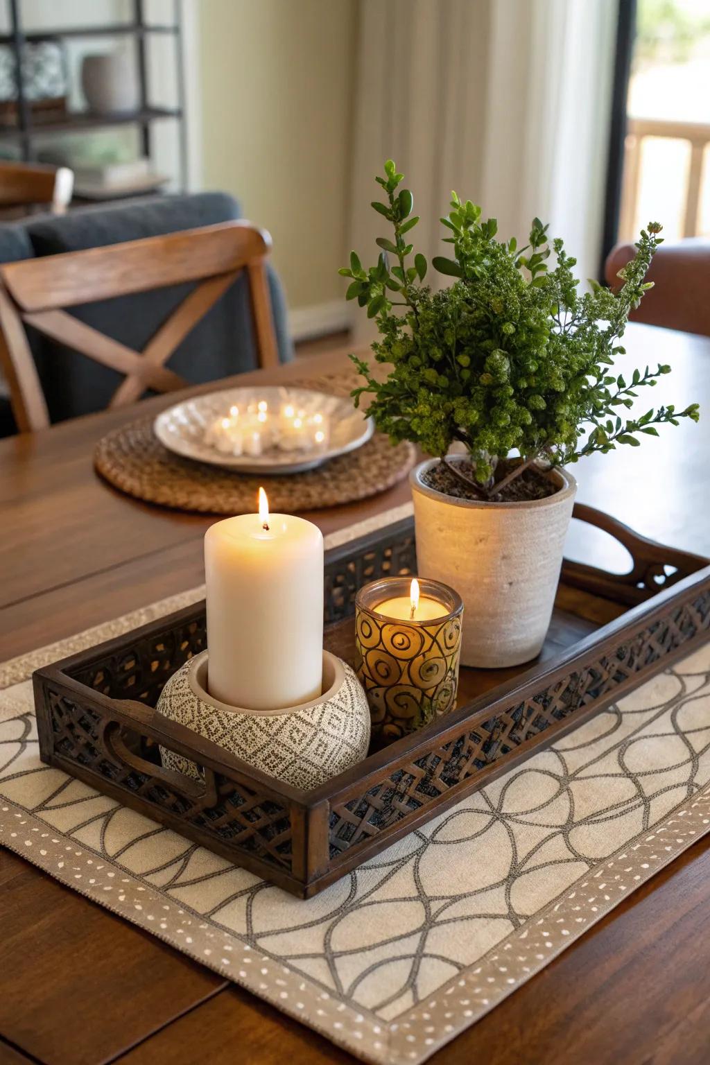 A decorative tray maintains the centerpiece's organization.