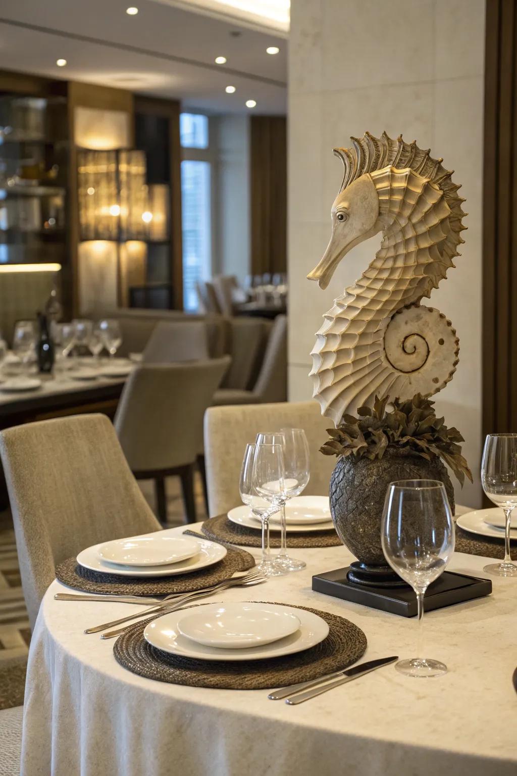 A sculptural piece creates a captivating focal point on the table.