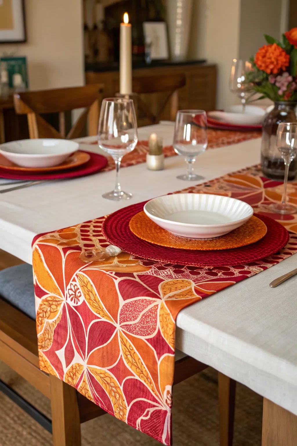 A colorful table runner adds a lively pop to the dining table.