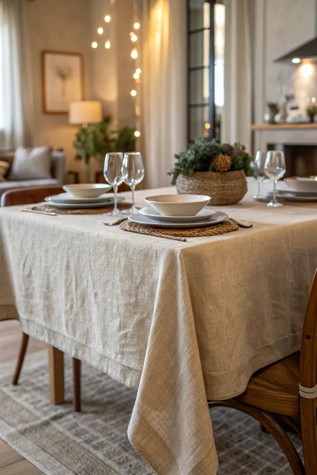 A neutral tablecloth adds softness and texture to the dining area.