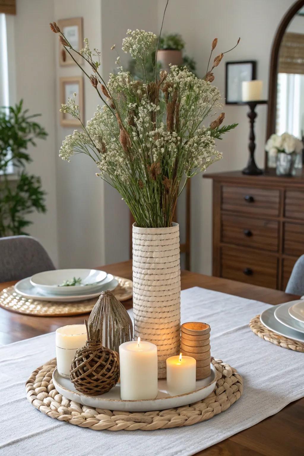 Layering items of different heights adds dimension to the table.