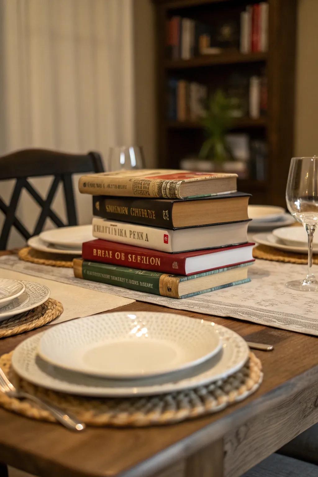 Stacking books as a centerpiece adds a personal touch.
