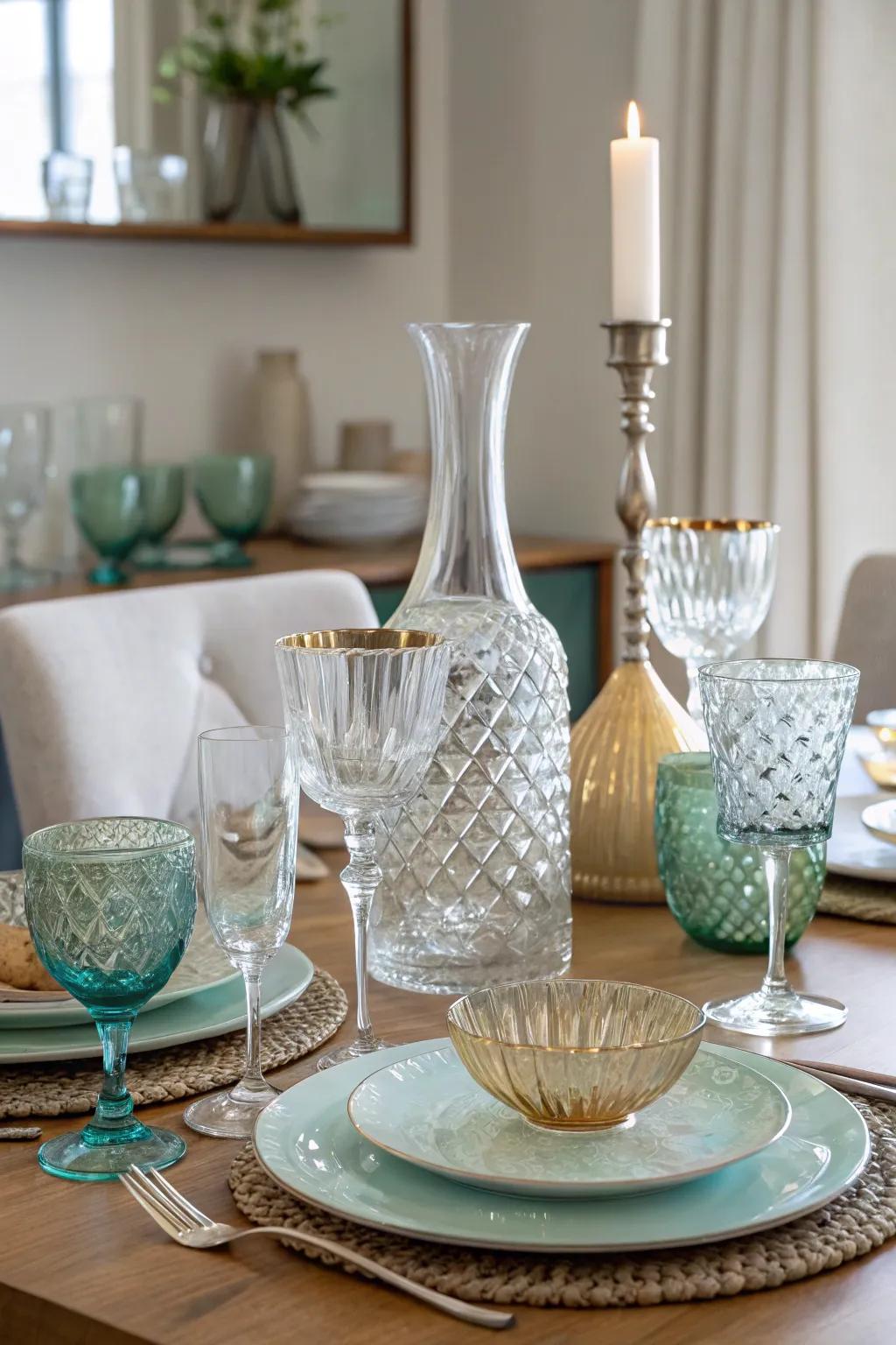 Distinctive glassware enhances the table’s sophistication.