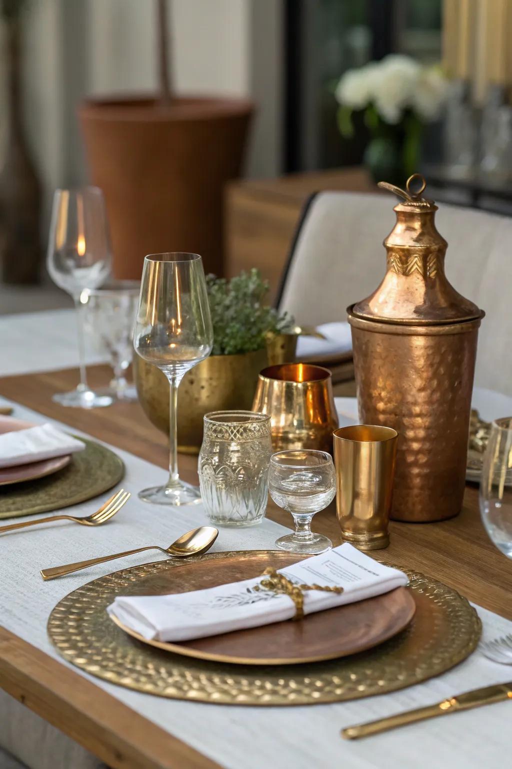 Metallic details add a refined touch to the dining table.