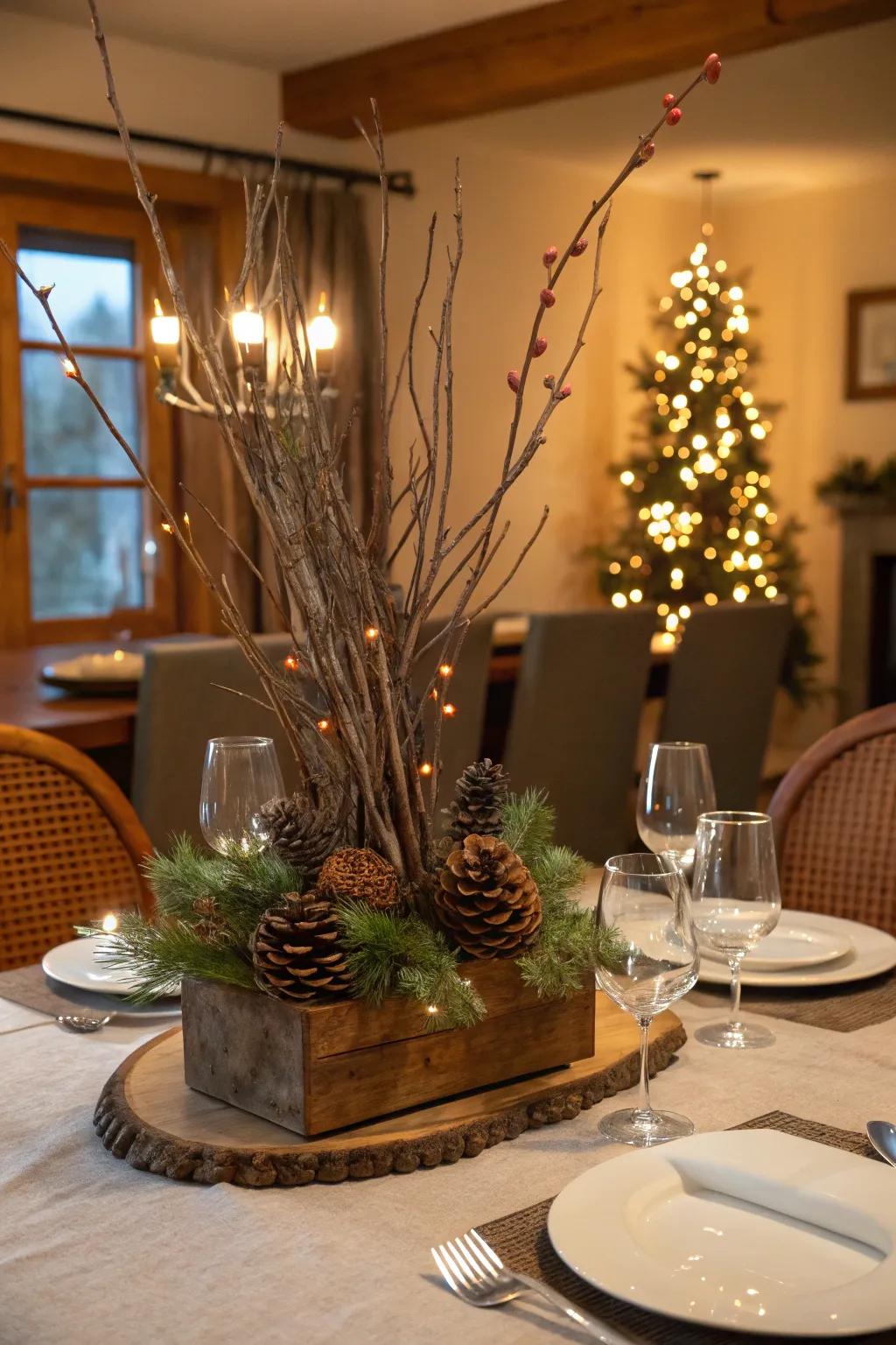 Natural accents bring a cozy, rustic feel to the dining table.